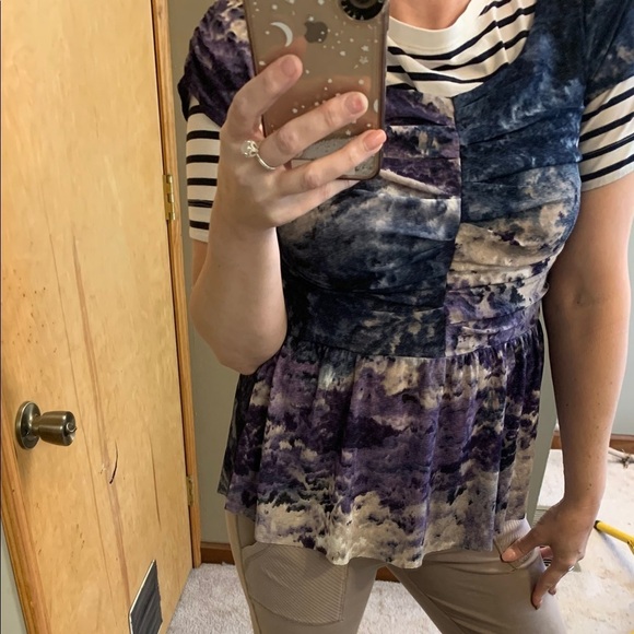 Anthropologie Postmark Y2K Watercolor Ruched Mesh on Mesh Peplum Top - Picture 1 of 12